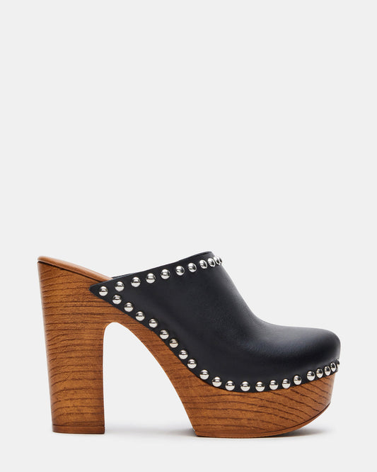 DUTCHESS Black Leather Women's Studded Platform Mule Clog Heel | Steve Madden Latest
