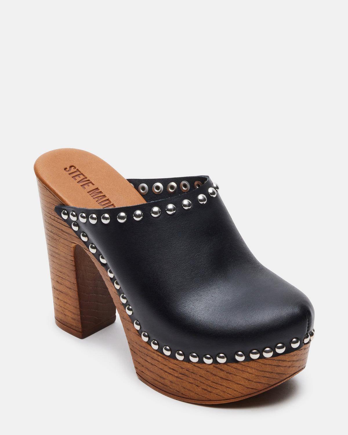 DUTCHESS Black Leather Women's Studded Platform Mule Clog Heel | Steve Madden Latest
