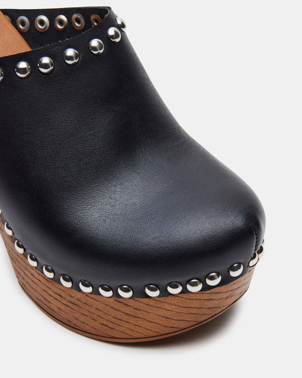 DUTCHESS Black Leather Women's Studded Platform Mule Clog Heel | Steve Madden Latest