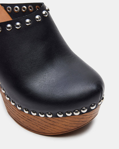 DUTCHESS Black Leather Women's Studded Platform Mule Clog Heel | Steve Madden Latest