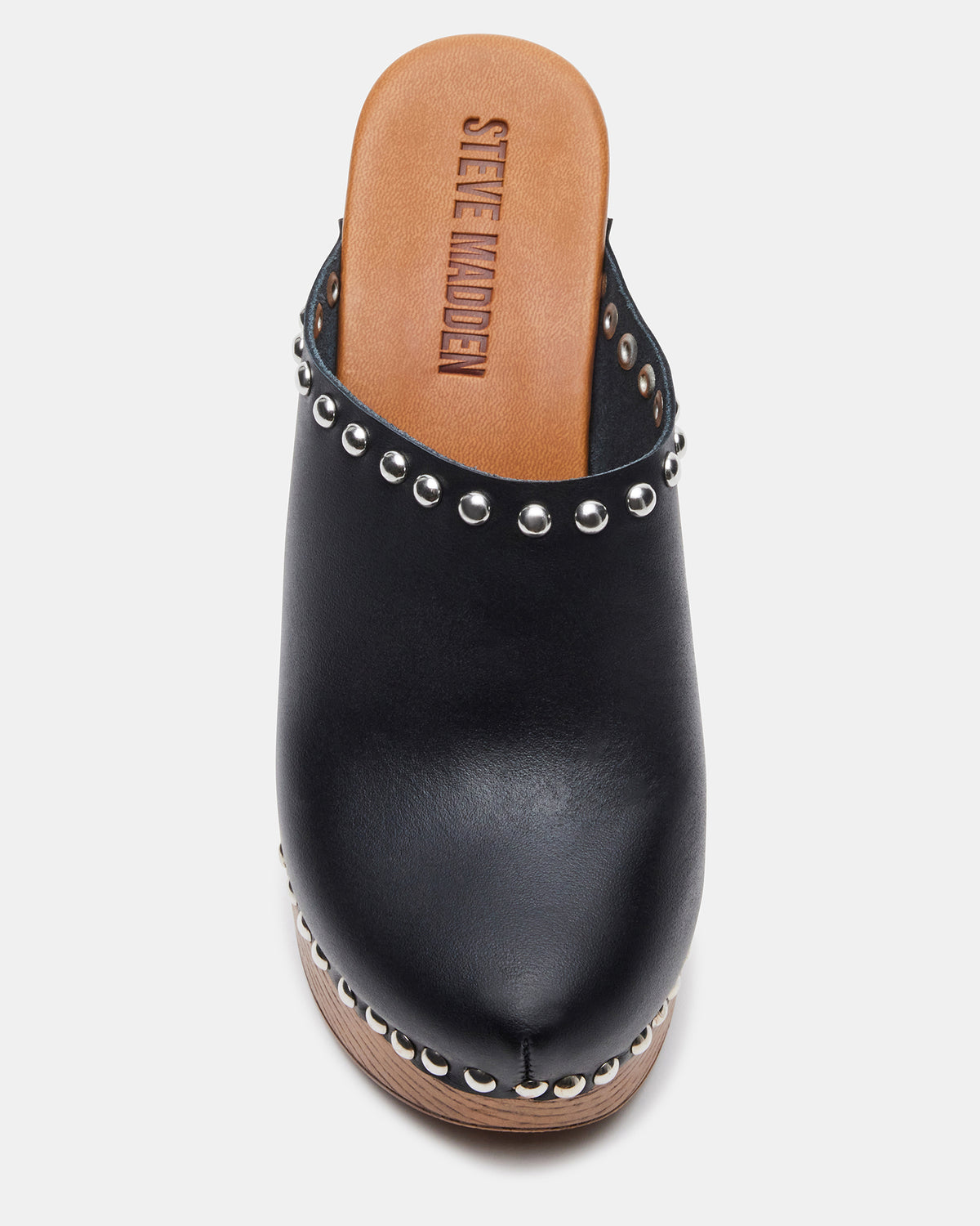 DUTCHESS Black Leather Women's Studded Platform Mule Clog Heel | Steve Madden Latest