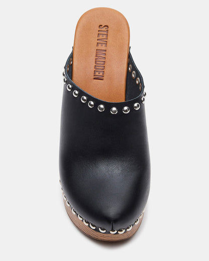 DUTCHESS Black Leather Women's Studded Platform Mule Clog Heel | Steve Madden Latest