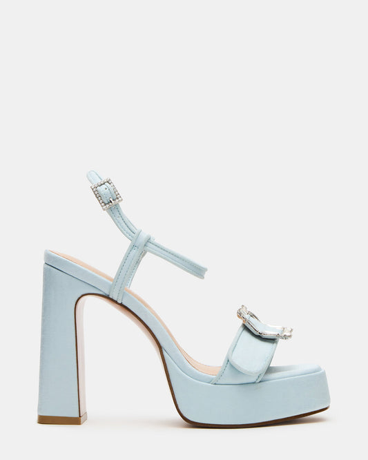 LIANDRA Buckle Blue Satin Women's Platform Square-Toe Strappy Heel | Steve Madden Recommended