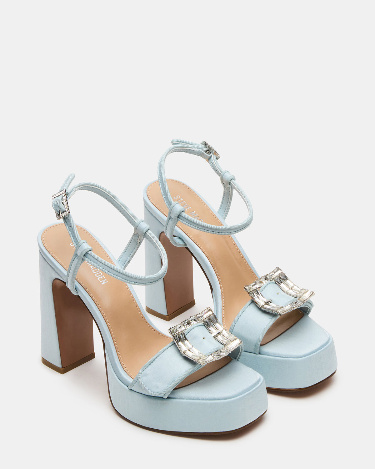 LIANDRA Buckle Blue Satin Women's Platform Square-Toe Strappy Heel | Steve Madden Recommended