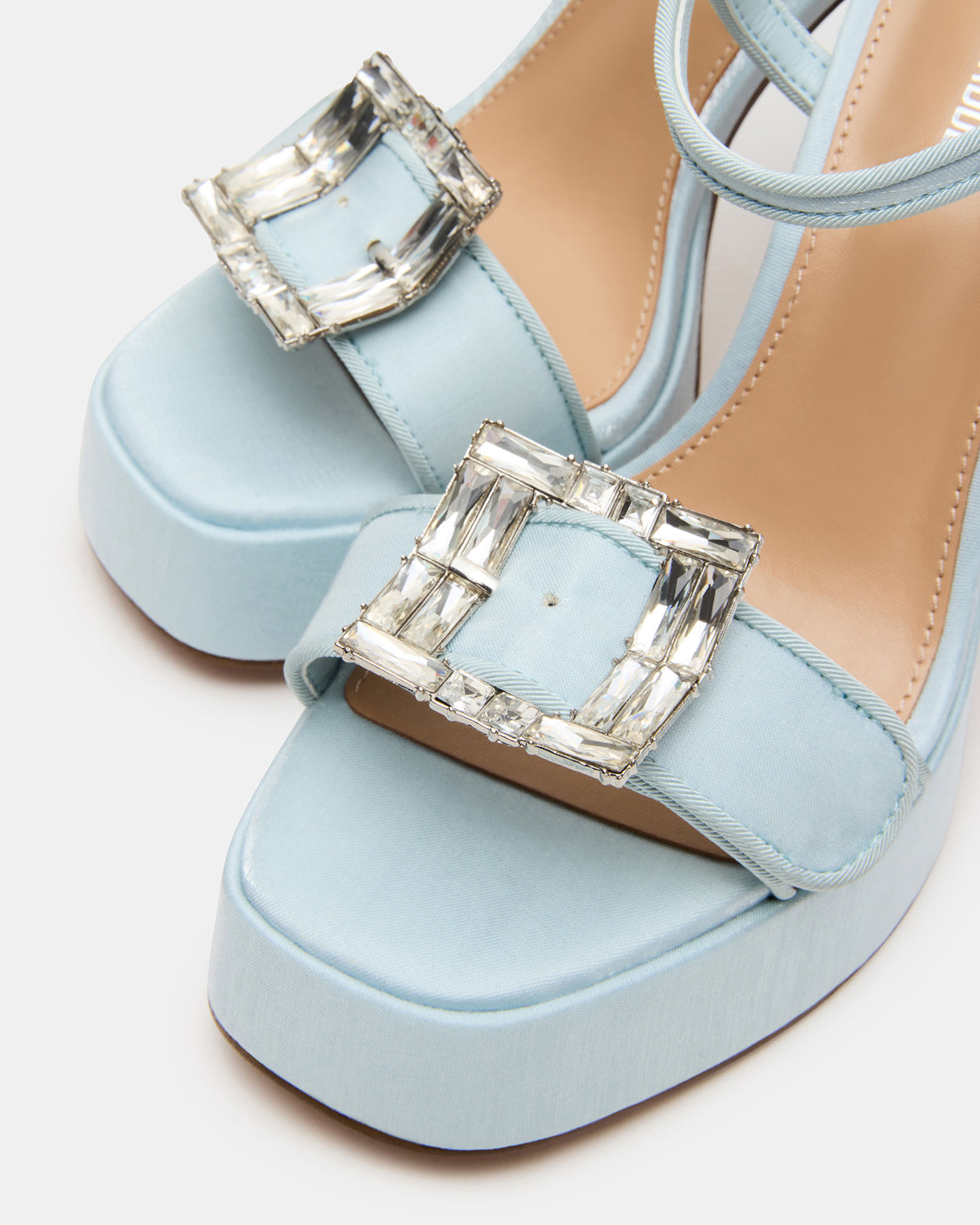 LIANDRA Buckle Blue Satin Women's Platform Square-Toe Strappy Heel | Steve Madden Recommended