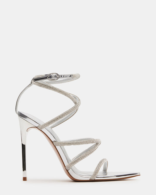 SKY Silver Strappy Rhinestone Stiletto Heel | Women's Heels | Steve Madden Essential