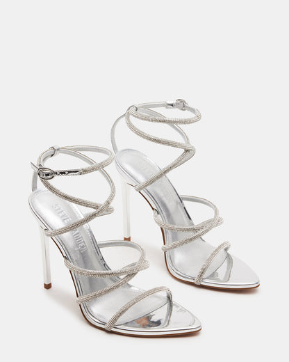 SKY Silver Strappy Rhinestone Stiletto Heel | Women's Heels | Steve Madden Essential