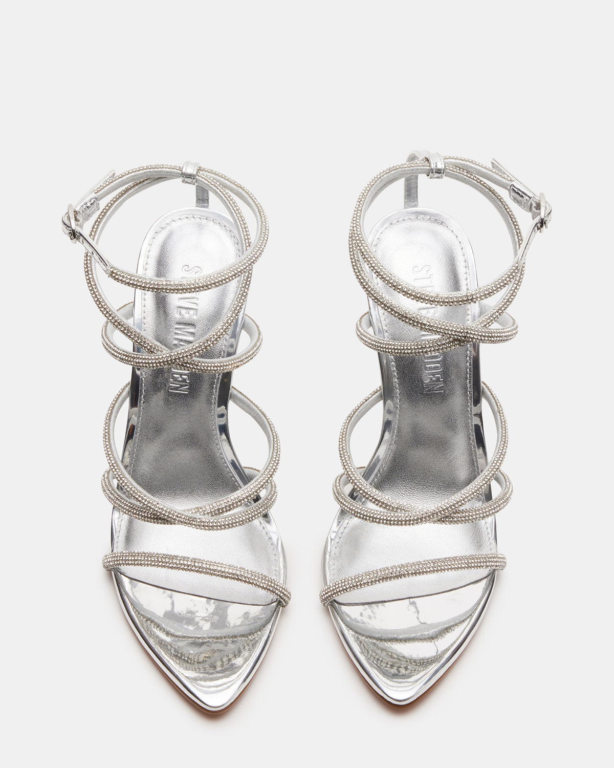 SKY Silver Strappy Rhinestone Stiletto Heel | Women's Heels | Steve Madden Essential