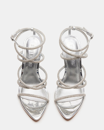 SKY Silver Strappy Rhinestone Stiletto Heel | Women's Heels | Steve Madden Essential