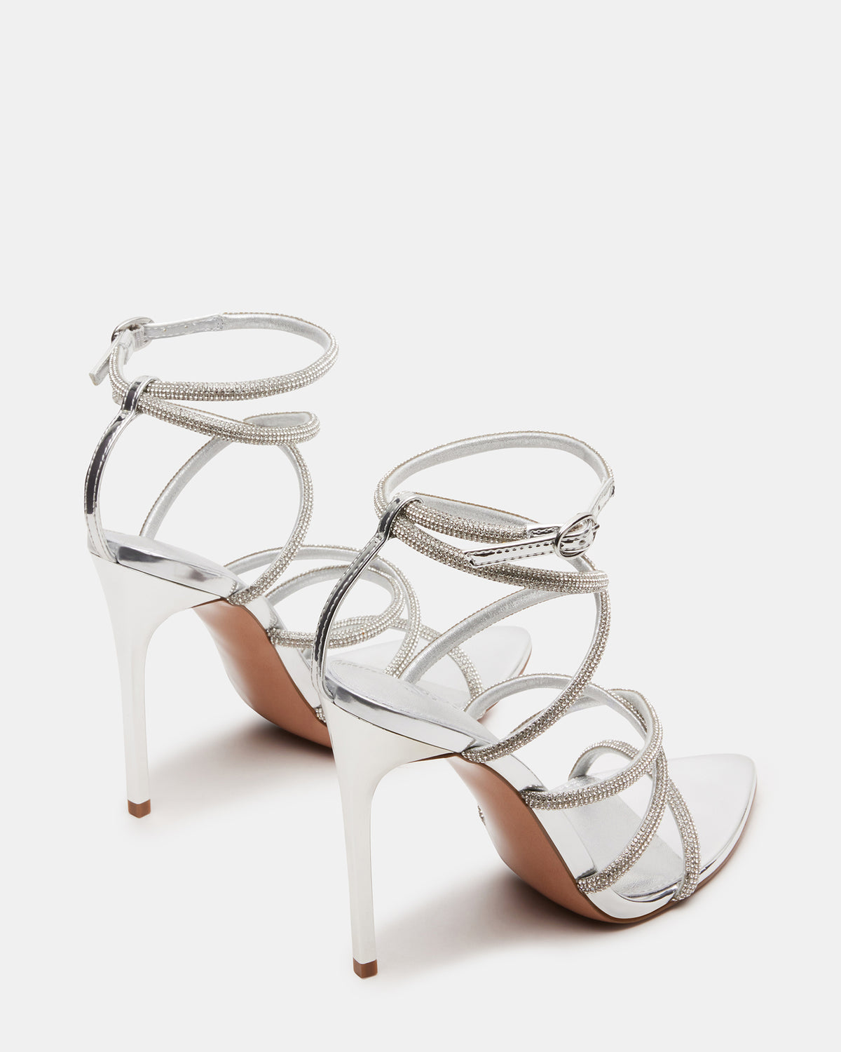 SKY Silver Strappy Rhinestone Stiletto Heel | Women's Heels | Steve Madden Essential
