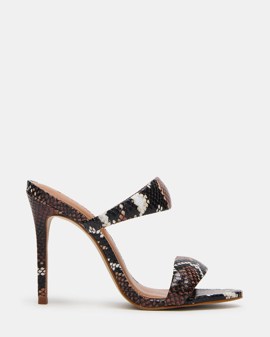 SATURN Brown Snake Stiletto Mule Women's Heel | Steve Madden Essential