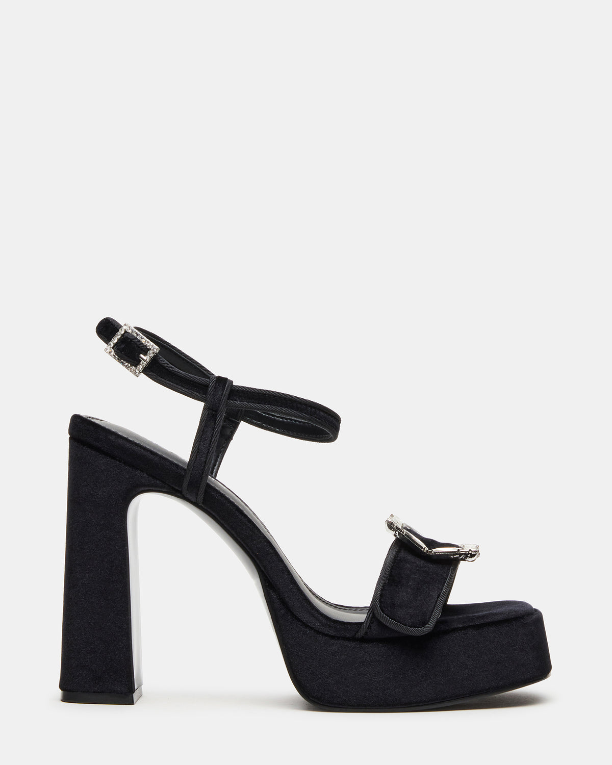LIANDRA Buckle Black Velvet Women's Platform Square-Toe Strappy Heel | Steve Madden Trending