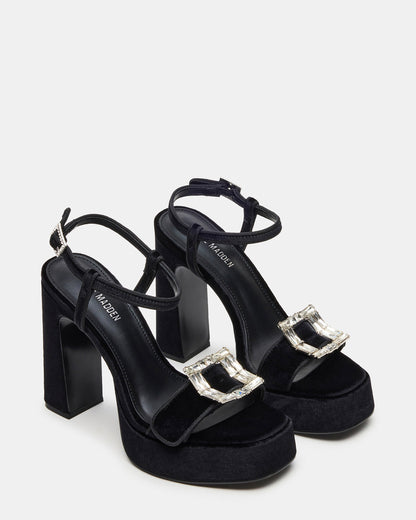 LIANDRA Buckle Black Velvet Women's Platform Square-Toe Strappy Heel | Steve Madden Trending