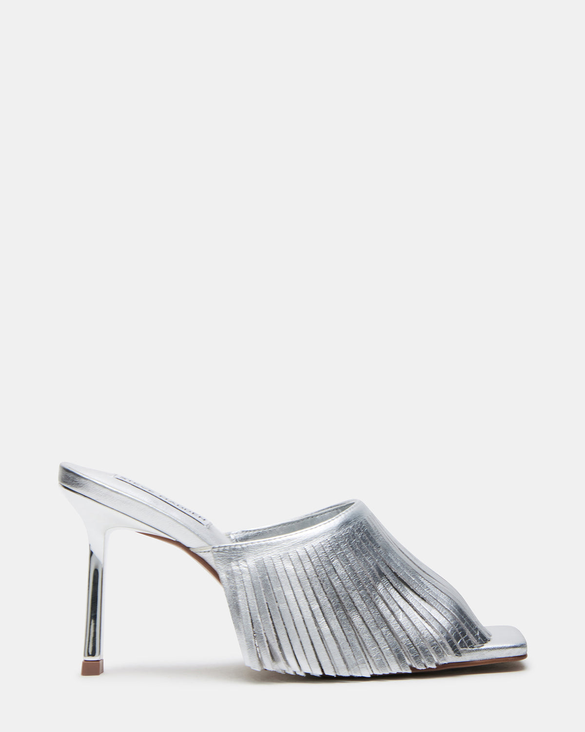 MORINA Silver Leather Square-Toe Stiletto Mule Fringe Heel | Women's Heels | Steve Madden Essential