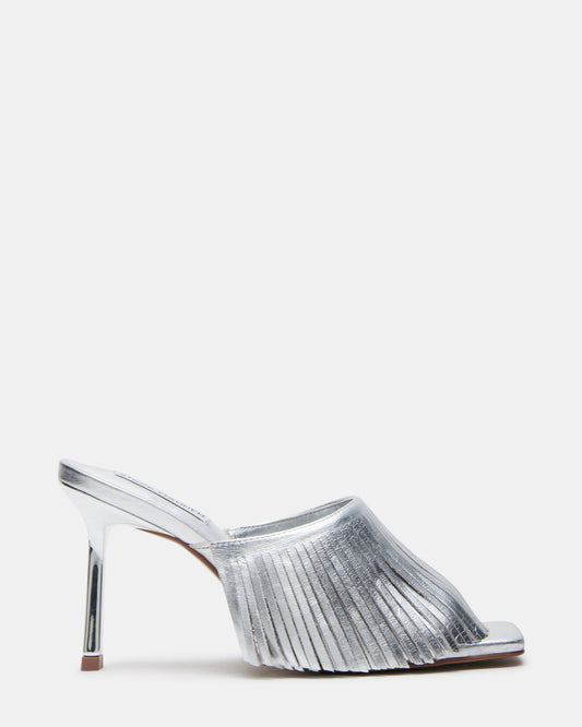 MORINA Silver Leather Square-Toe Stiletto Mule Fringe Heel | Women's Heels | Steve Madden Essential