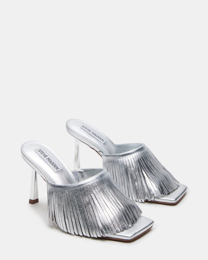 MORINA Silver Leather Square-Toe Stiletto Mule Fringe Heel | Women's Heels | Steve Madden Essential