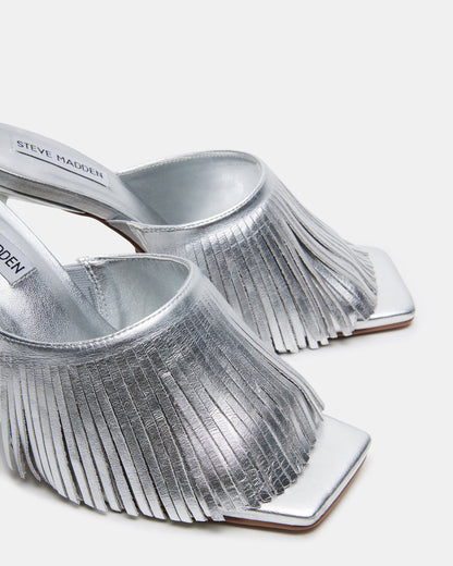 MORINA Silver Leather Square-Toe Stiletto Mule Fringe Heel | Women's Heels | Steve Madden Essential