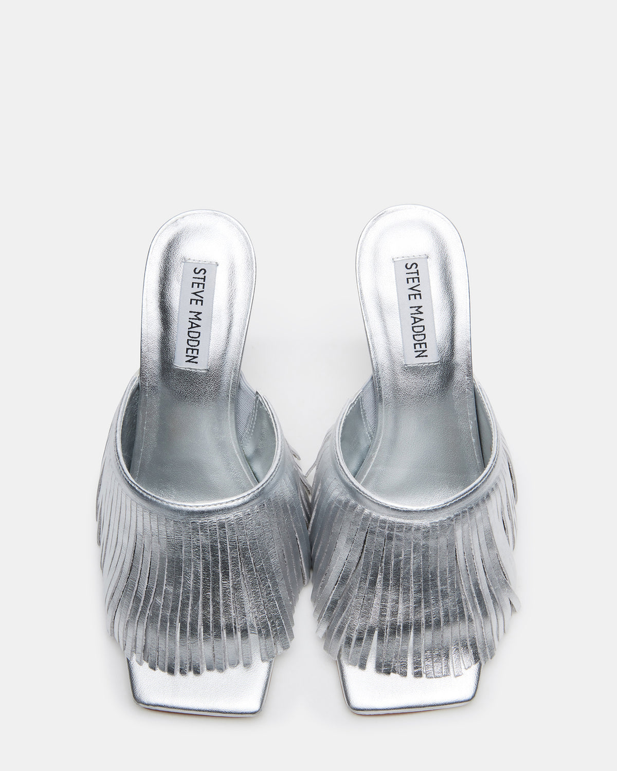 MORINA Silver Leather Square-Toe Stiletto Mule Fringe Heel | Women's Heels | Steve Madden Essential