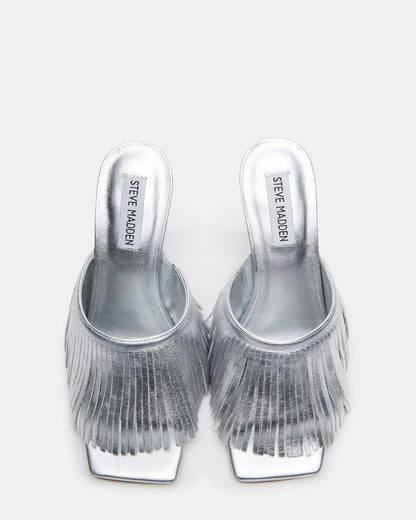 MORINA Silver Leather Square-Toe Stiletto Mule Fringe Heel | Women's Heels | Steve Madden Essential