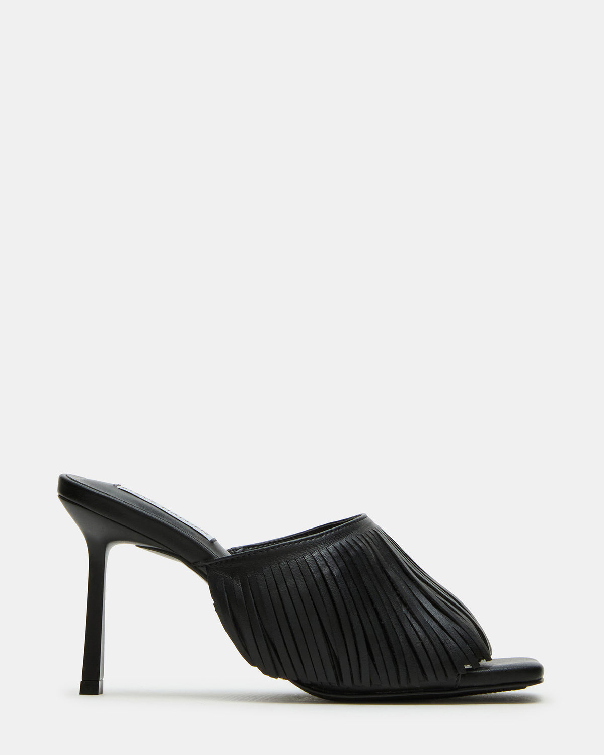 MORINA Black Leather Square-Toe Stiletto Mule Fringe Heel | Women's Heels | Steve Madden Exclusive