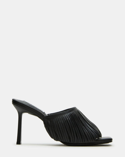 MORINA Black Leather Square-Toe Stiletto Mule Fringe Heel | Women's Heels | Steve Madden Exclusive