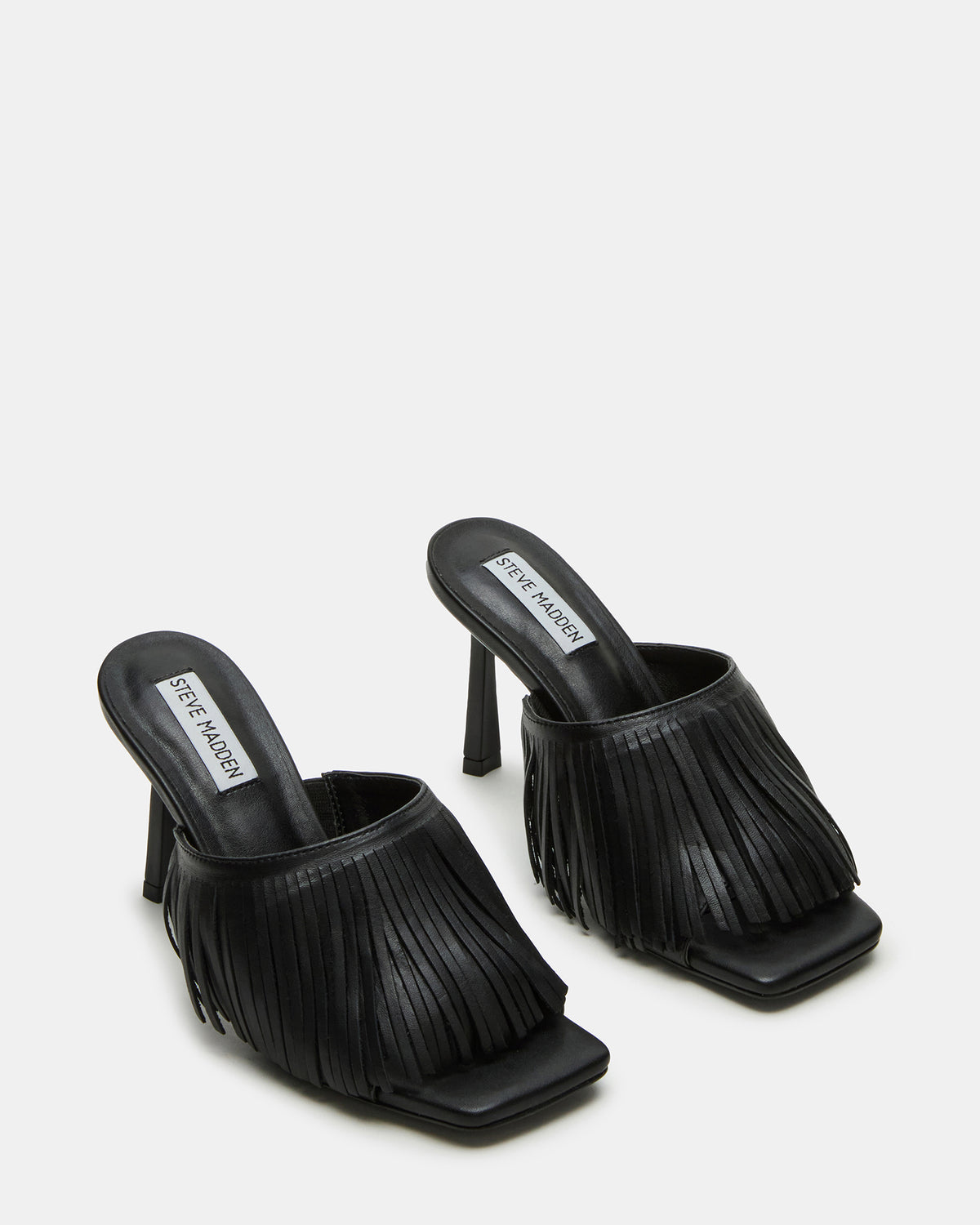 MORINA Black Leather Square-Toe Stiletto Mule Fringe Heel | Women's Heels | Steve Madden Exclusive