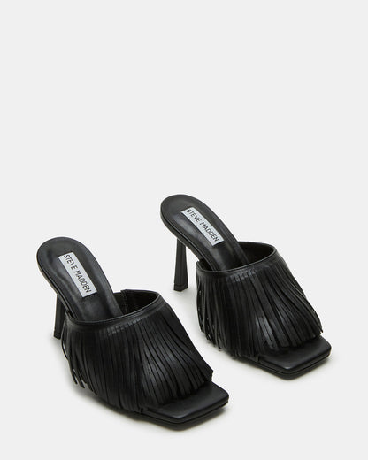 MORINA Black Leather Square-Toe Stiletto Mule Fringe Heel | Women's Heels | Steve Madden Exclusive