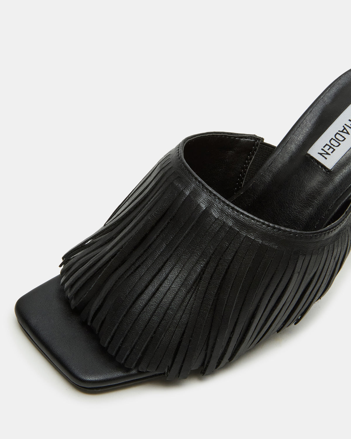 MORINA Black Leather Square-Toe Stiletto Mule Fringe Heel | Women's Heels | Steve Madden Exclusive