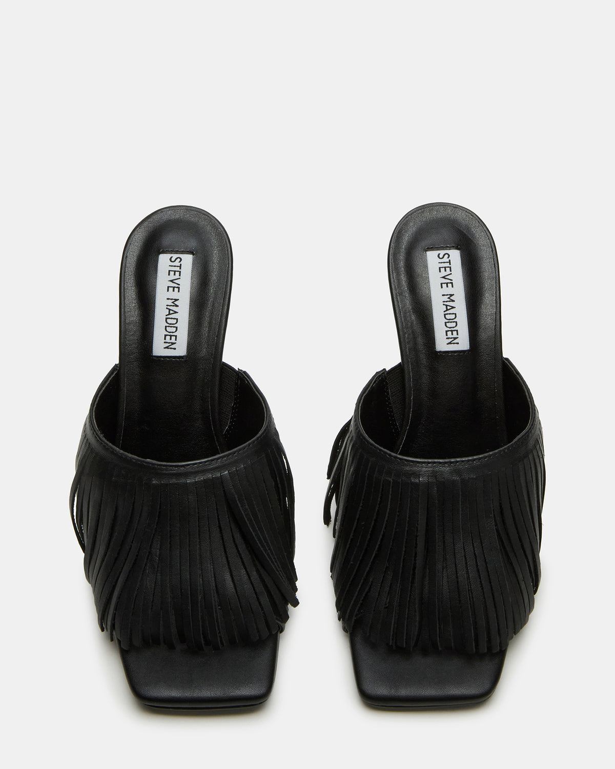 MORINA Black Leather Square-Toe Stiletto Mule Fringe Heel | Women's Heels | Steve Madden Exclusive