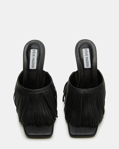 MORINA Black Leather Square-Toe Stiletto Mule Fringe Heel | Women's Heels | Steve Madden Exclusive