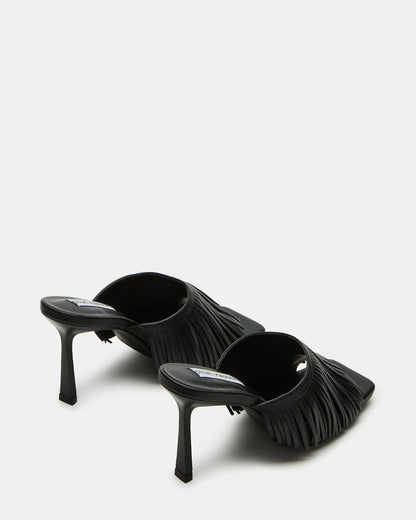 MORINA Black Leather Square-Toe Stiletto Mule Fringe Heel | Women's Heels | Steve Madden Exclusive
