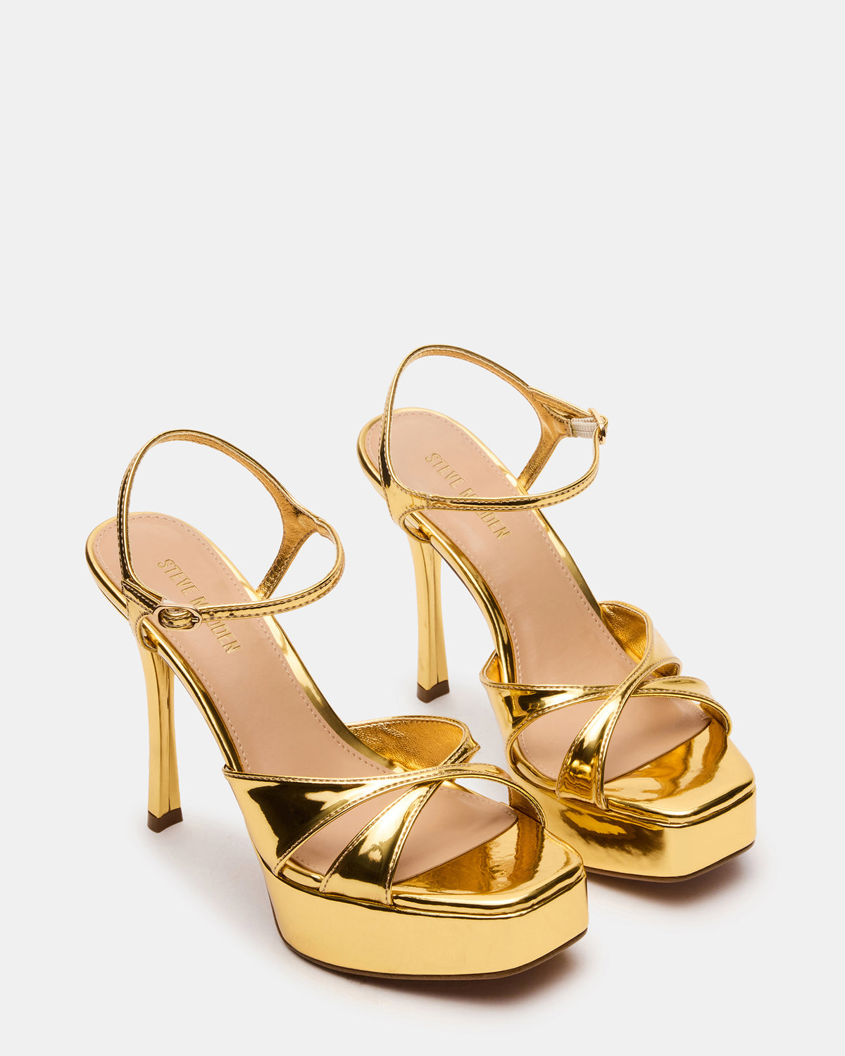 SCARLET Gold Square-Toe Strappy Platform Women's Heel | Steve Madden Featured