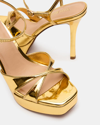 SCARLET Gold Square-Toe Strappy Platform Women's Heel | Steve Madden Featured