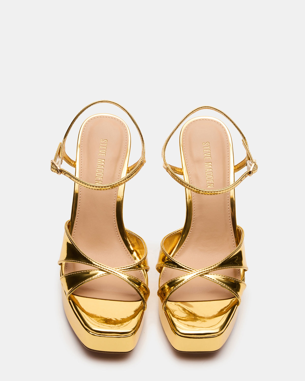 SCARLET Gold Square-Toe Strappy Platform Women's Heel | Steve Madden Featured