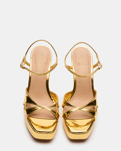 SCARLET Gold Square-Toe Strappy Platform Women's Heel | Steve Madden Featured
