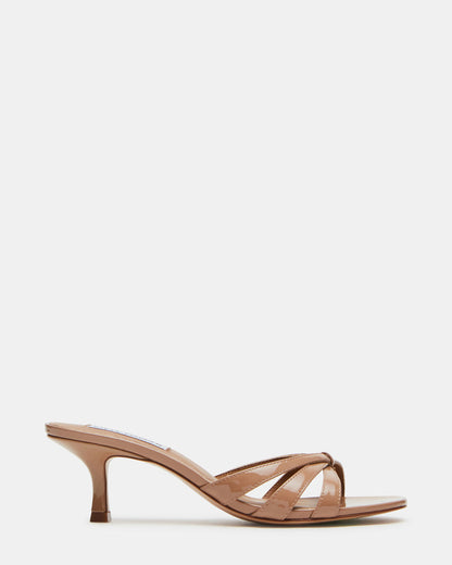 CARY Tan Patent Leather Square-Toe Strappy Mule Women's Heel | Steve Madden Trusted