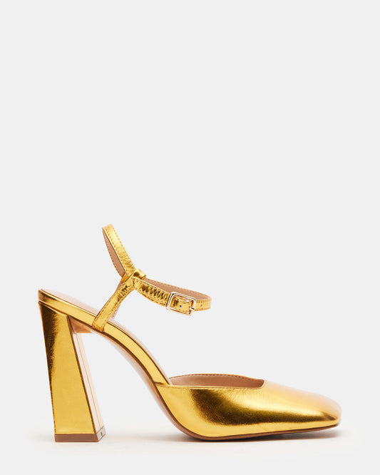 MOSAIC Gold Leather Square Toe Heel | Women's Heels | Steve Madden Top Pick