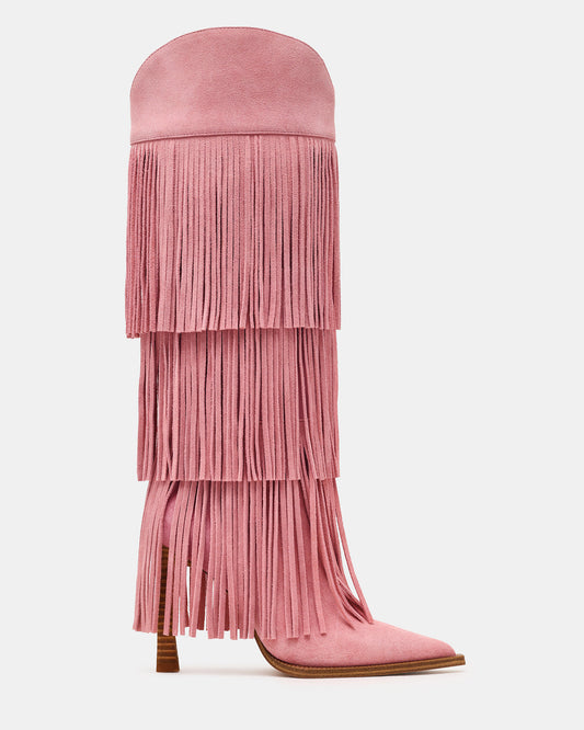 KINZEE Fringe Pink Suede Pointed-Toe Knee-High Western Stiletto Women's Boot | Steve Madden Classic