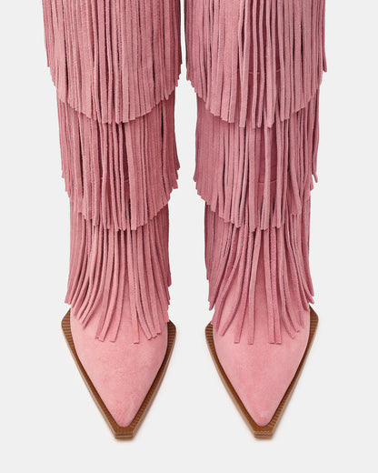 KINZEE Fringe Pink Suede Pointed-Toe Knee-High Western Stiletto Women's Boot | Steve Madden Classic