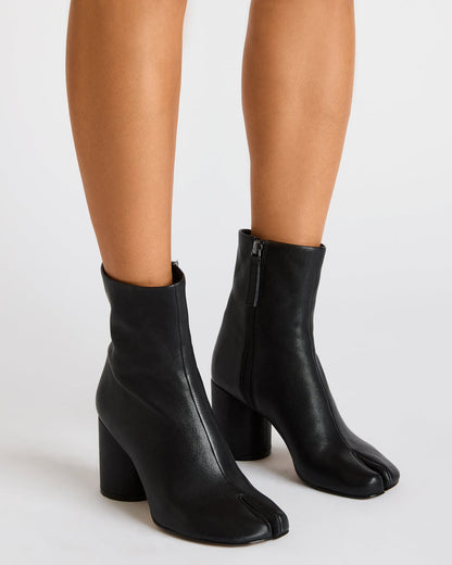 CARO Black Leather Tabi Split-Toe Block Heel Women's Ankle Boot | Steve Madden Premium