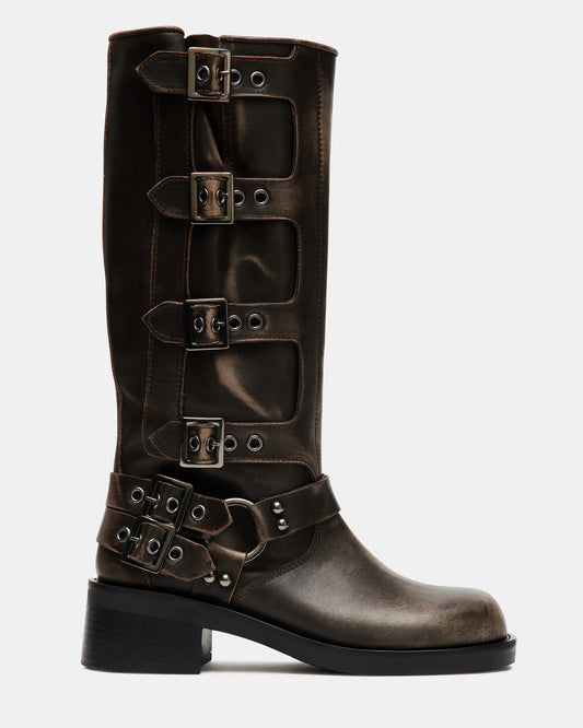 ROCKY Brown Distressed Women's Knee-High Moto Boots | Steve Madden Premium