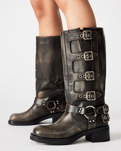 ROCKY Brown Distressed Women's Knee-High Moto Boots | Steve Madden Premium