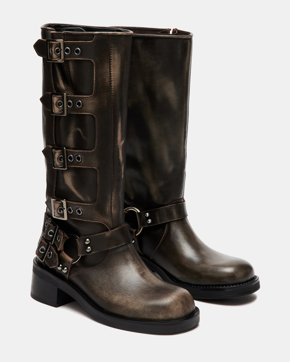 ROCKY Brown Distressed Women's Knee-High Moto Boots | Steve Madden Premium