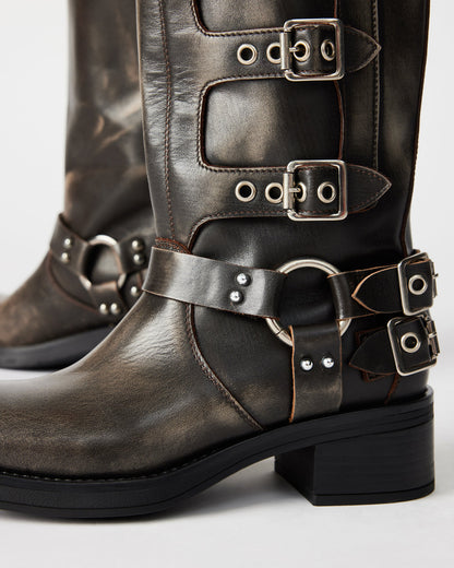 ROCKY Brown Distressed Women's Knee-High Moto Boots | Steve Madden Premium