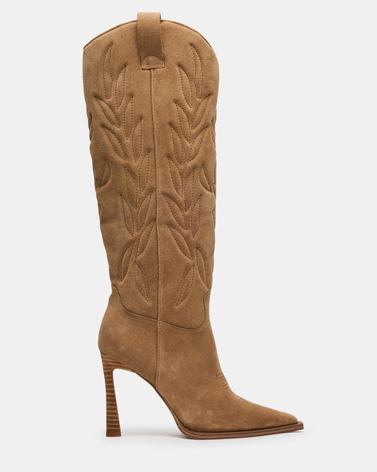 KINZEE Taupe Suede Pointed-Toe Knee-High Western Stiletto Women's Boot | Steve Madden Discount