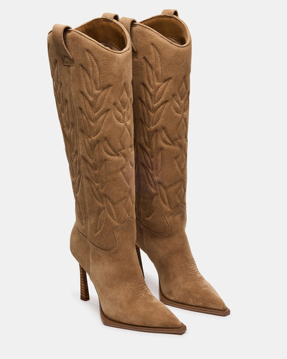 KINZEE Taupe Suede Pointed-Toe Knee-High Western Stiletto Women's Boot | Steve Madden Discount