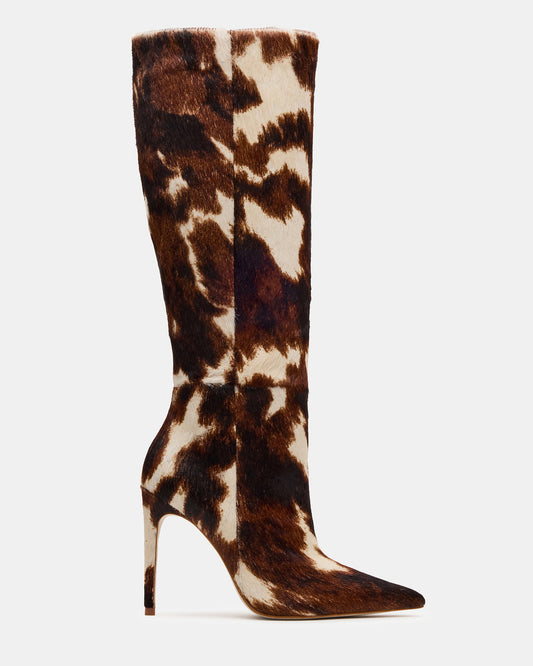NITRO Brown Cow Print Pointed-Toe Stiletto Heel Knee-High Women's Boots | Steve Madden Premium