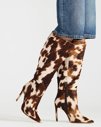 NITRO Brown Cow Print Pointed-Toe Stiletto Heel Knee-High Women's Boots | Steve Madden Premium