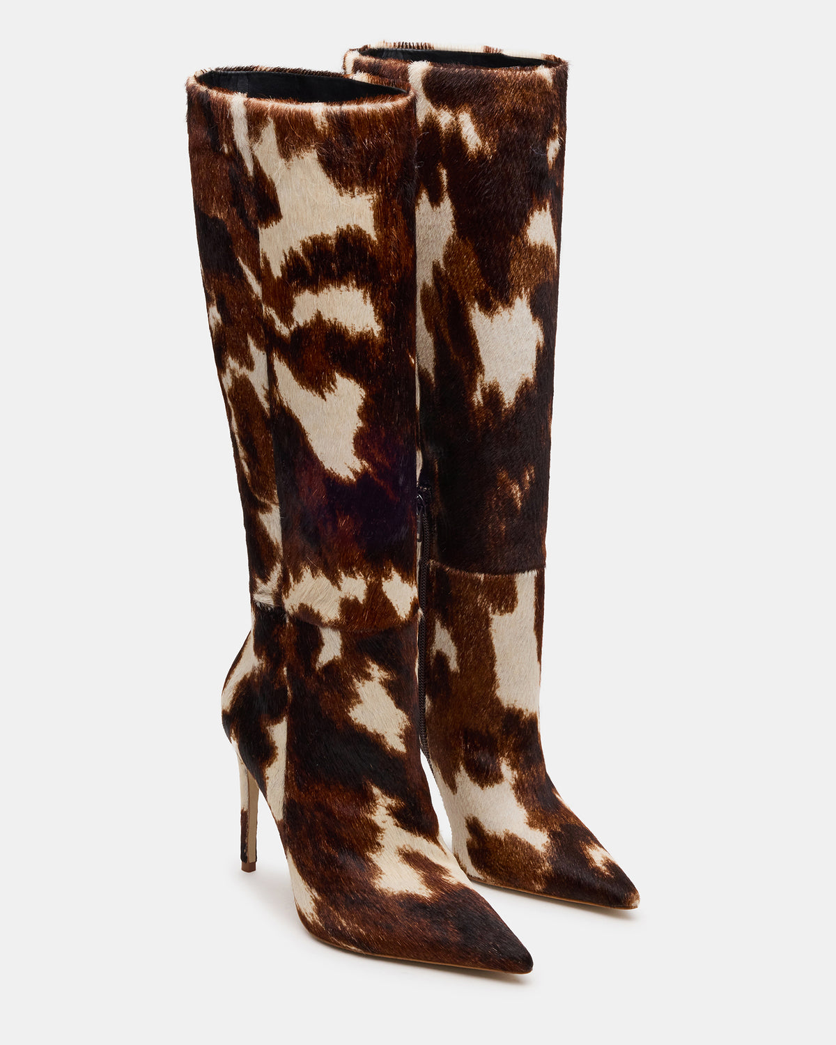 NITRO Brown Cow Print Pointed-Toe Stiletto Heel Knee-High Women's Boots | Steve Madden Premium