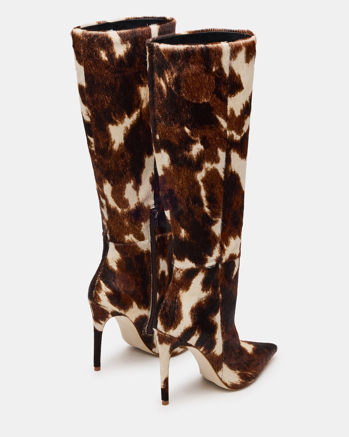 NITRO Brown Cow Print Pointed-Toe Stiletto Heel Knee-High Women's Boots | Steve Madden Premium